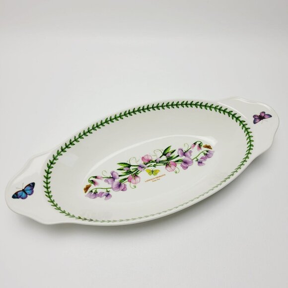Portmeirion Botanic Garden Handled Oval Baker 15" Sweet Pea Pink Purple Floral